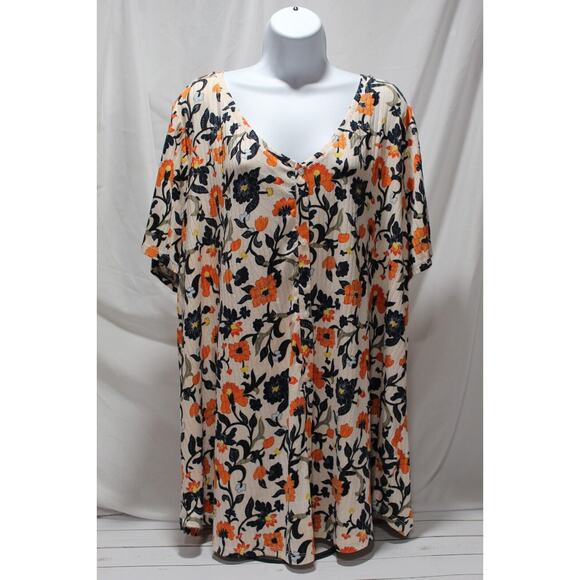 Lane Bryant Women's 26/28L Orange Floral Print Ribbed Tunic Pop-over Top S/S - Picture 1 of 13